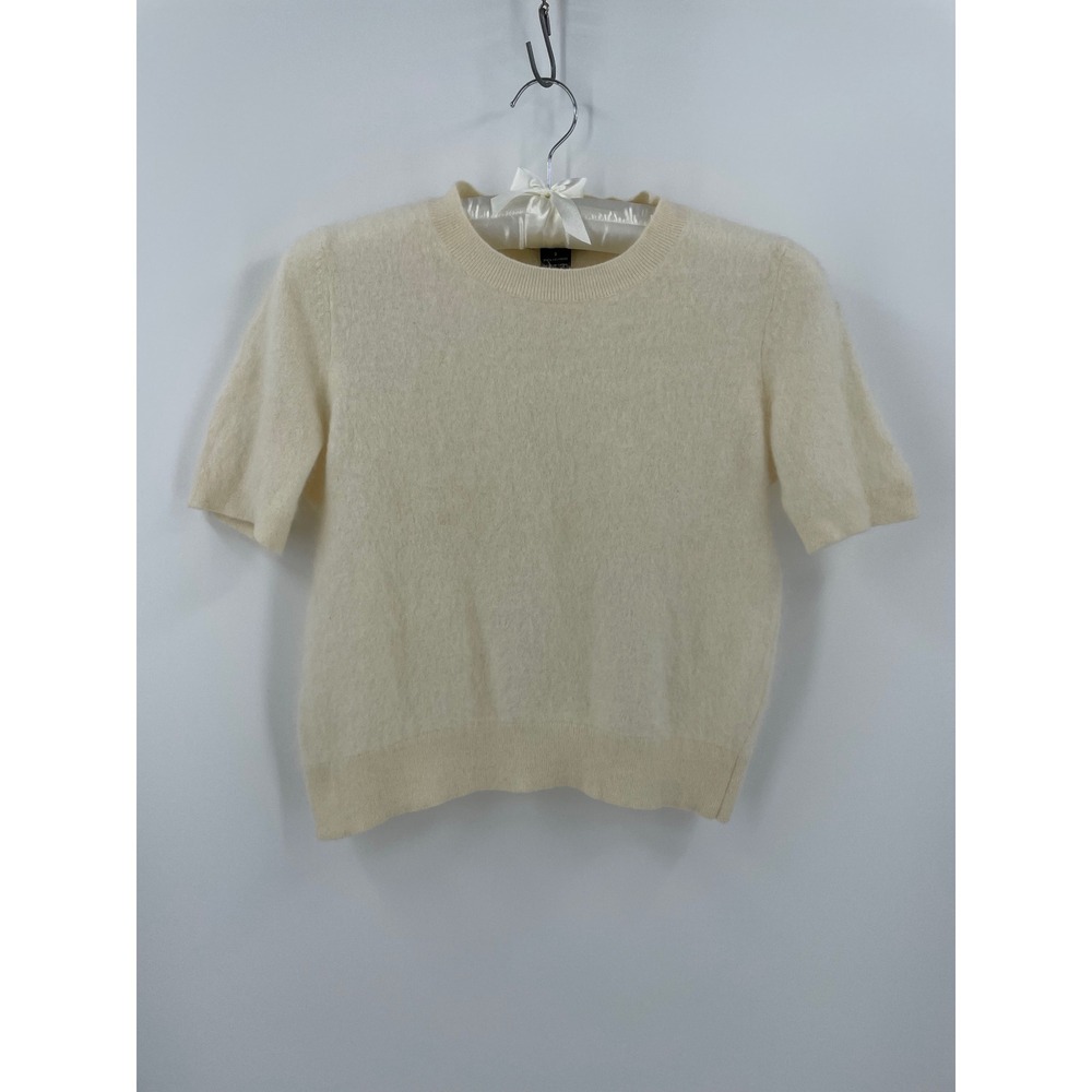 C by Bloomingdale's Cashmere Short Sleeve Sweater Cream Off-White Crew Neck S